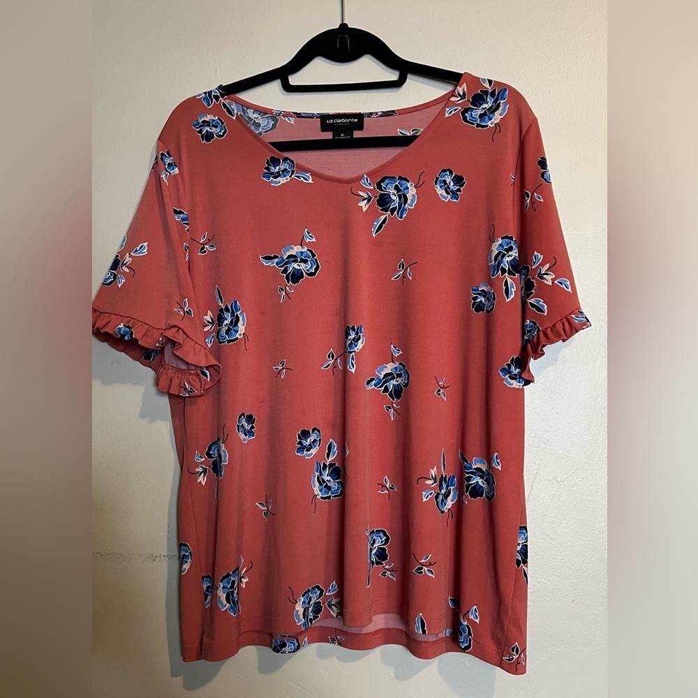 Liz Claiborne Ruffle Sleeve Floral Top Coral Pink XL